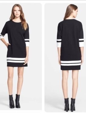 Vince Black and White Colorblock Contrast Trim 3/4 Sleeve Shift Dress Pockets XS